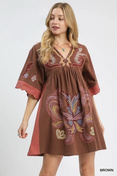 Embroidered Bohemiam Dress - Brown