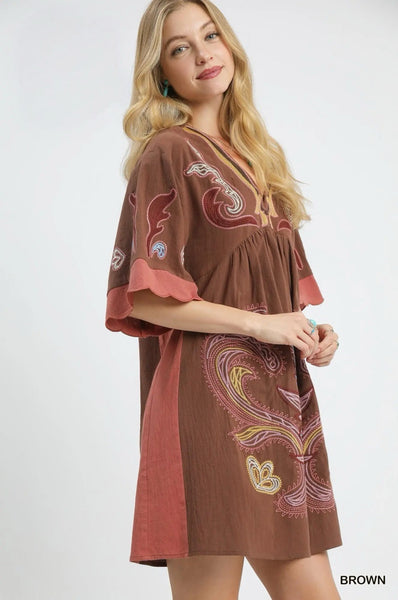 Embroidered Bohemiam Dress - Brown