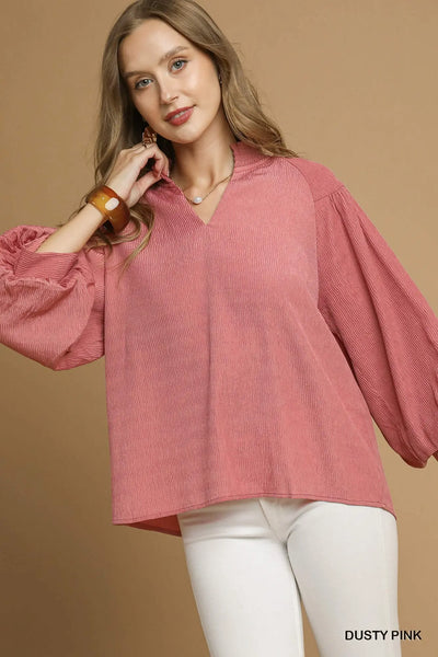 Textured Blouse w/ Balloon Sleeves - Dusty Pink