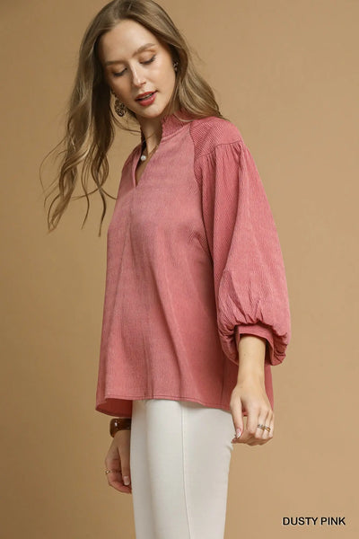 Textured Blouse w/ Balloon Sleeves - Dusty Pink