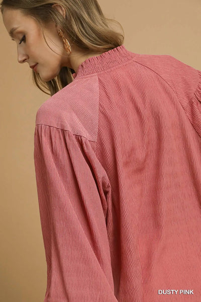 Textured Blouse w/ Balloon Sleeves - Dusty Pink