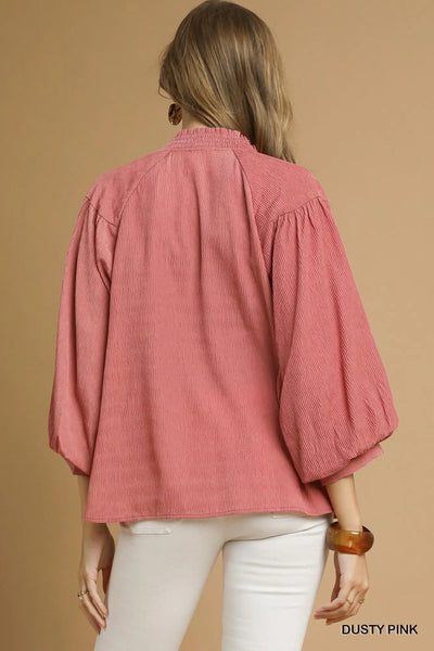 Textured Blouse w/ Balloon Sleeves - Dusty Pink