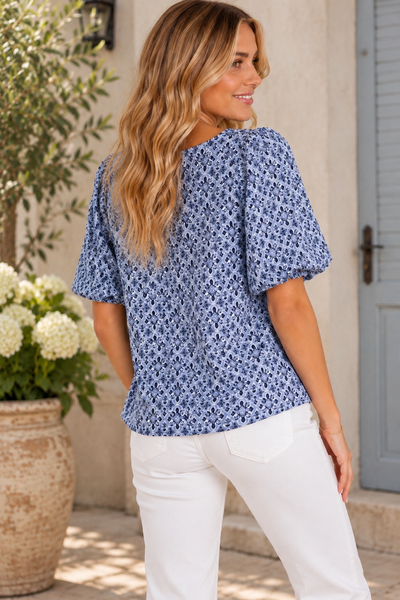 Knit Bubble Sleeve Printed Top - Navy