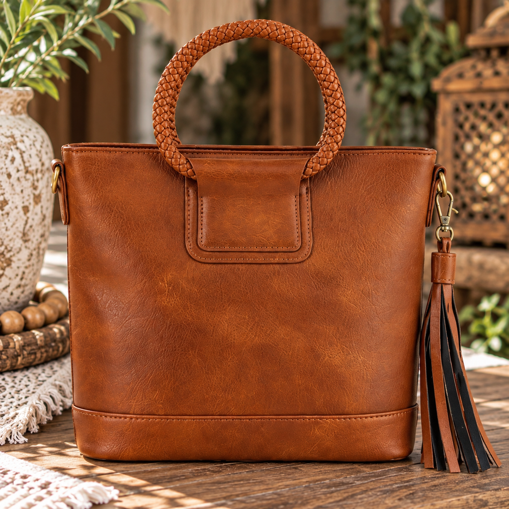 Braided Top Handle Tote - Brown