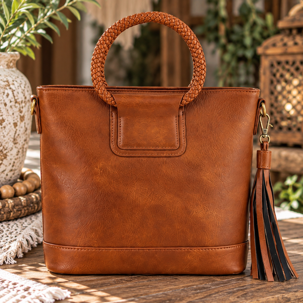 Braided Top Handle Tote - Brown