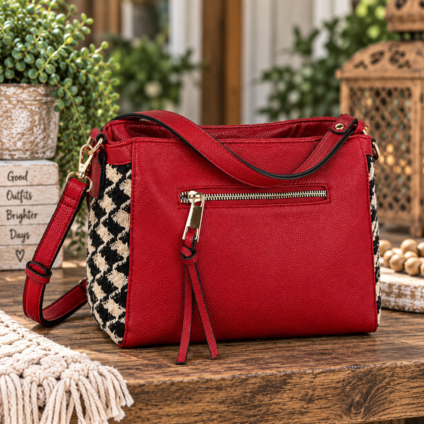 Houndstooth Detailing Handbag -Red