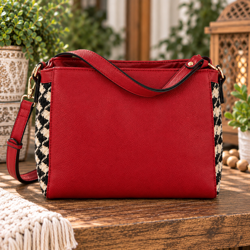 Houndstooth Detailing Handbag -Red