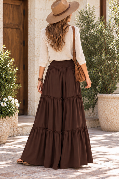 Maxi Tiered Wide Leg Palazzo Pants - Brown