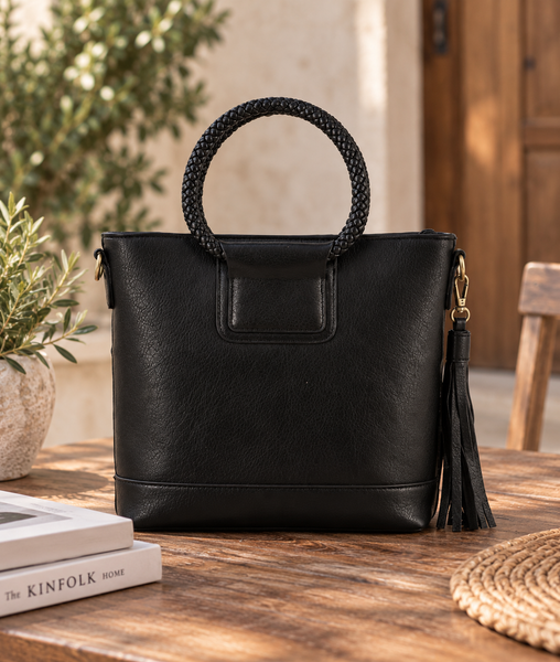 Braided Top Handle Tote - Black