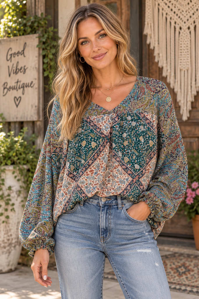 Boho Patchwork Paisley Blouse - Multi