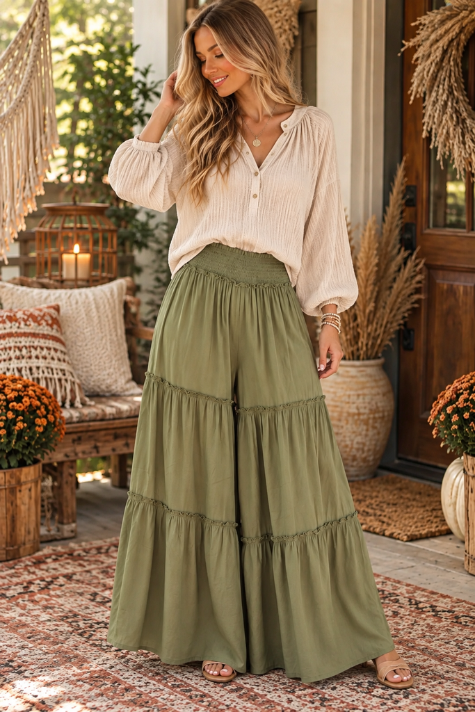 Maxi Tiered Wide Leg Palazzo Pants - Olive
