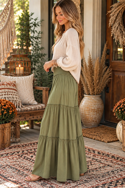 Maxi Tiered Wide Leg Palazzo Pants - Olive