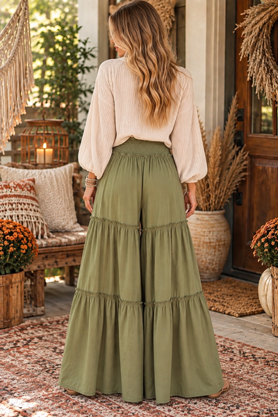 Maxi Tiered Wide Leg Palazzo Pants - Olive