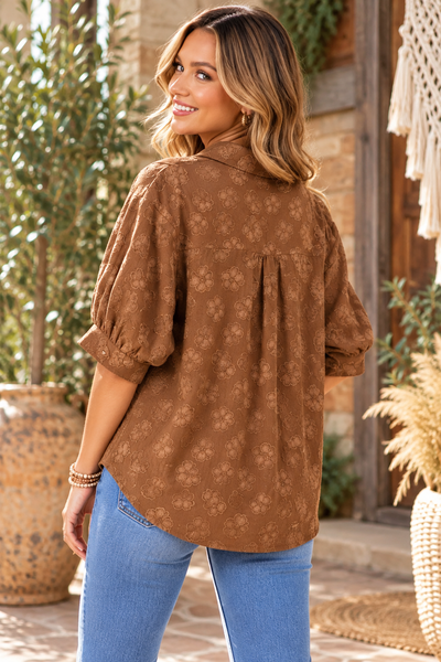 Button Front Collared Blouse - Brown