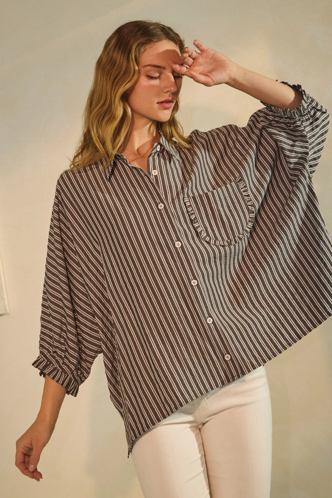 Striped Button Down Oversized Top - Black Stripe - SALE