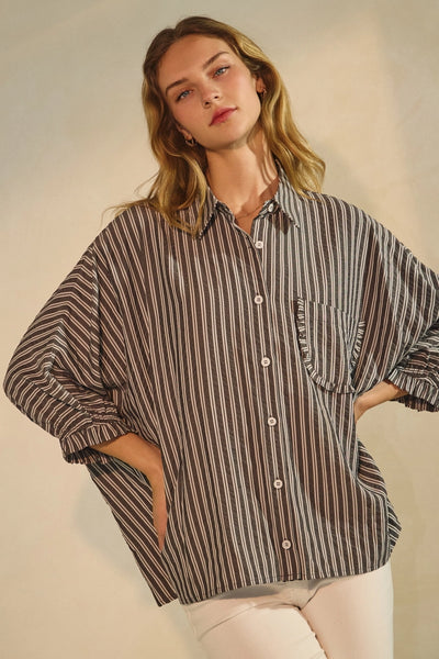 Striped Button Down Oversized Top - Black Stripe - SALE