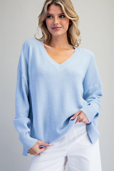 V-Neck Long Sleeve Sweater - Periwinkle