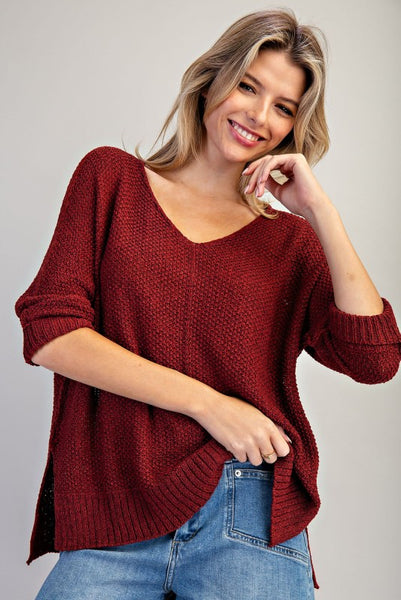 Crew Neck Knit Sweater - Wine