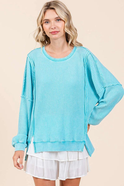 Mineral Washed Waffle Weave Top - Tiffany Blue