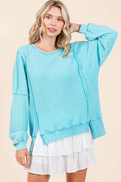 Mineral Washed Waffle Weave Top - Tiffany Blue