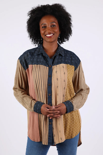 Vintage Denim Patch Button Down Shirt - Multi