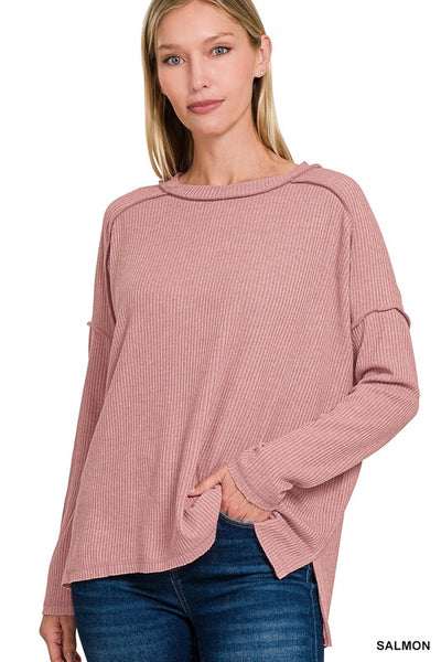 Ribbed Drop Shoulder Sweater - Salmon