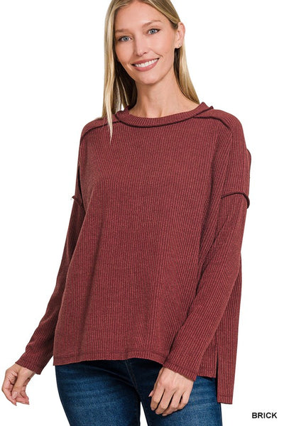 Ribbed Drop Shoulder Sweater - Brick
