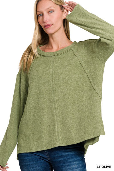 Exposed Seam Hi Low Sweater - Olive