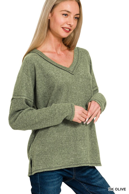 Ribbed V-Neck Drop Shoulder Top - Olive
