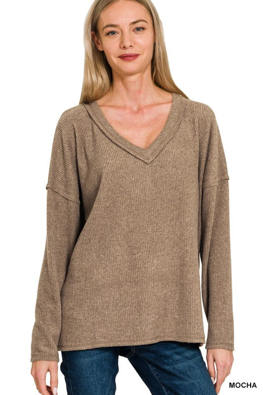 Ribbed V-Neck Drop Shoulder Top - Mocha