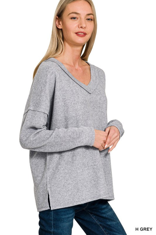 Ribbed V-Neck Drop Shoulder Top - Grey