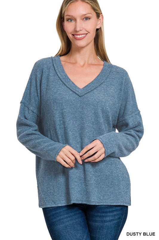 Ribbed V-Neck Drop Shoulder Top - Dusty Blue