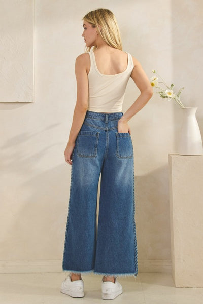 Braided Side Wide Leg Jeans - Denim