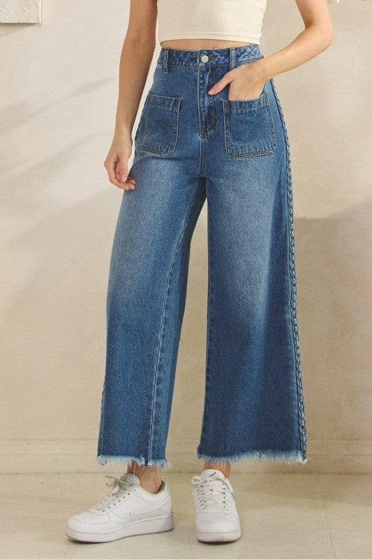 Braided Side Wide Leg Jeans - Denim