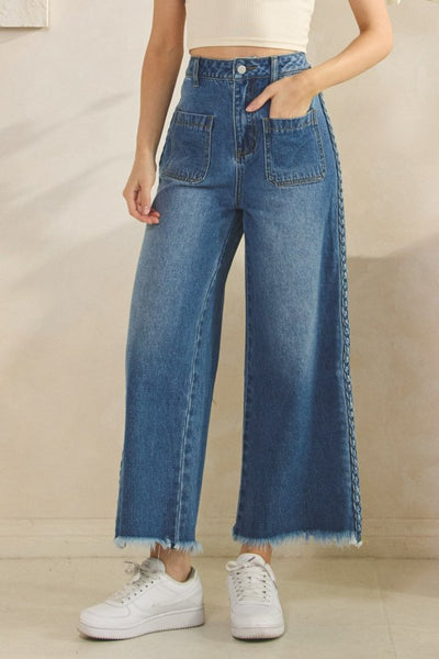 Braided Side Wide Leg Jeans - Denim