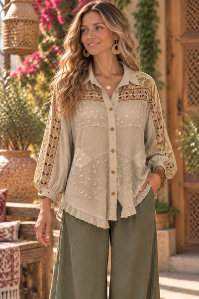 Embroidered Boho Button Down Blouse - Natural