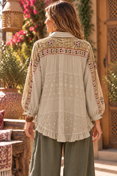 Embroidered Boho Button Down Blouse - Natural