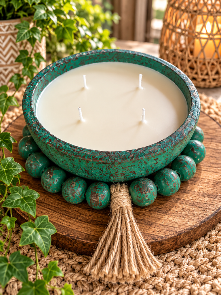 16oz Beaded Clay Pottery Soy Candle - Turquoise