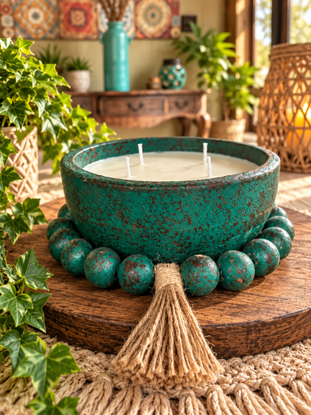 16oz Beaded Clay Pottery Soy Candle - Turquoise