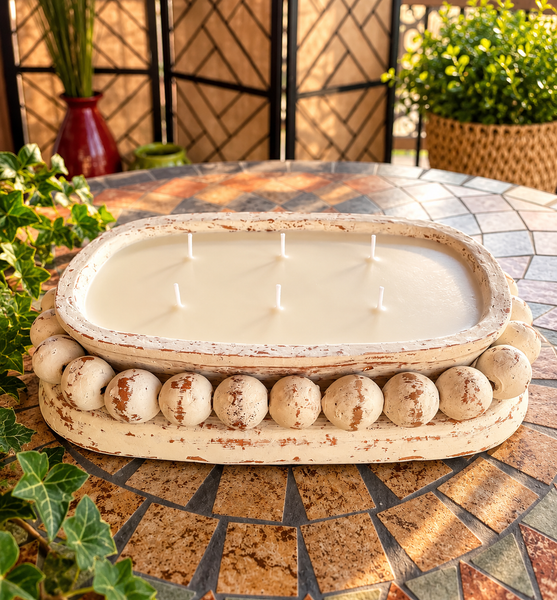 20oz Beaded Oval Clay Pottery Soy Candle - White