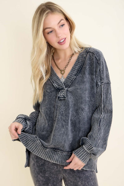 Mineral Washed Ribbed V-Neck Terry Sweatshirt - Ashed Black
