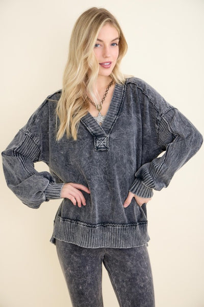 Mineral Washed Ribbed V-Neck Terry Sweatshirt - Ashed Black