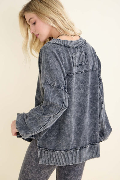 Mineral Washed Ribbed V-Neck Terry Sweatshirt - Ashed Black