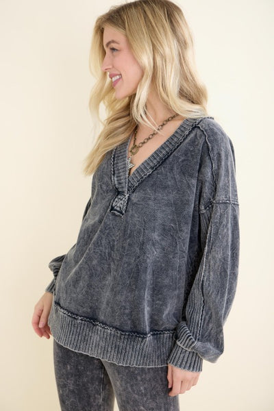 Mineral Washed Ribbed V-Neck Terry Sweatshirt - Ashed Black