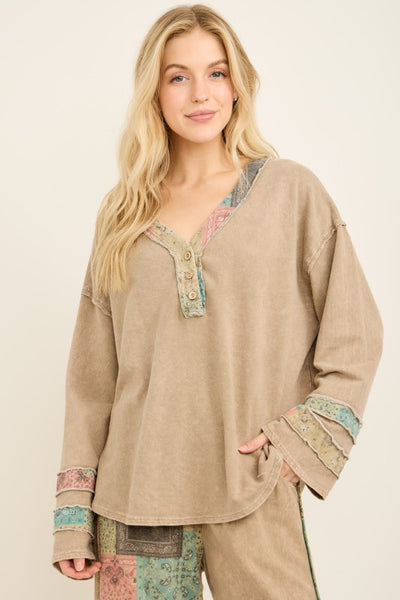 Mineral Washed Boho Patchwork Henley Top - Vintage Olive