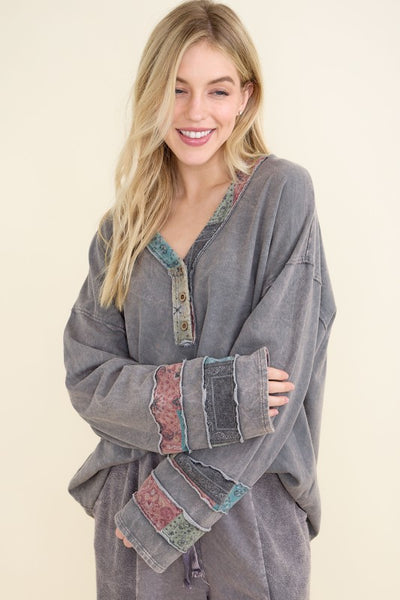 Mineral Washed Boho Patchwork Henley Top - Charcoal