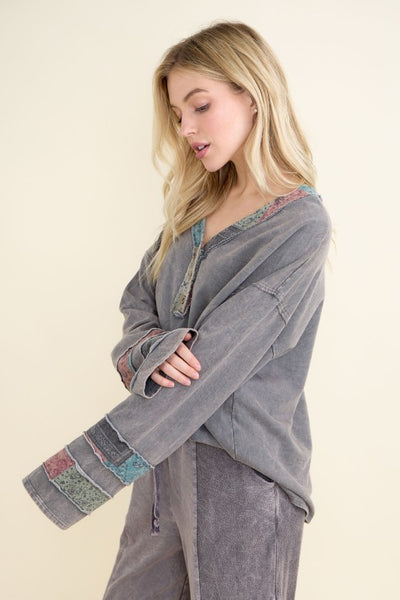 Mineral Washed Boho Patchwork Henley Top - Charcoal