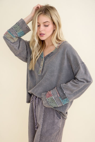 Mineral Washed Boho Patchwork Henley Top - Charcoal