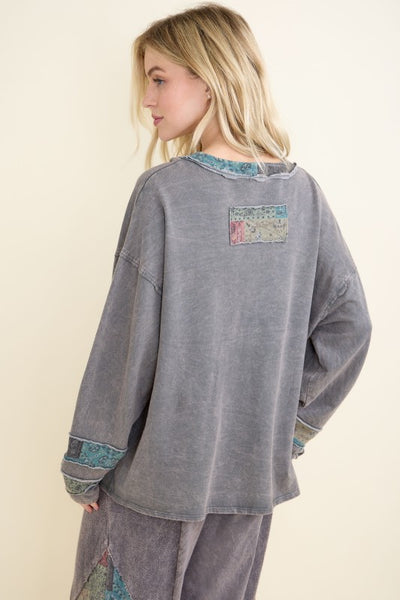 Mineral Washed Boho Patchwork Henley Top - Charcoal