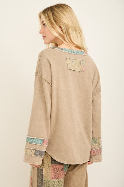 Mineral Washed Boho Patchwork Henley Top - Vintage Olive